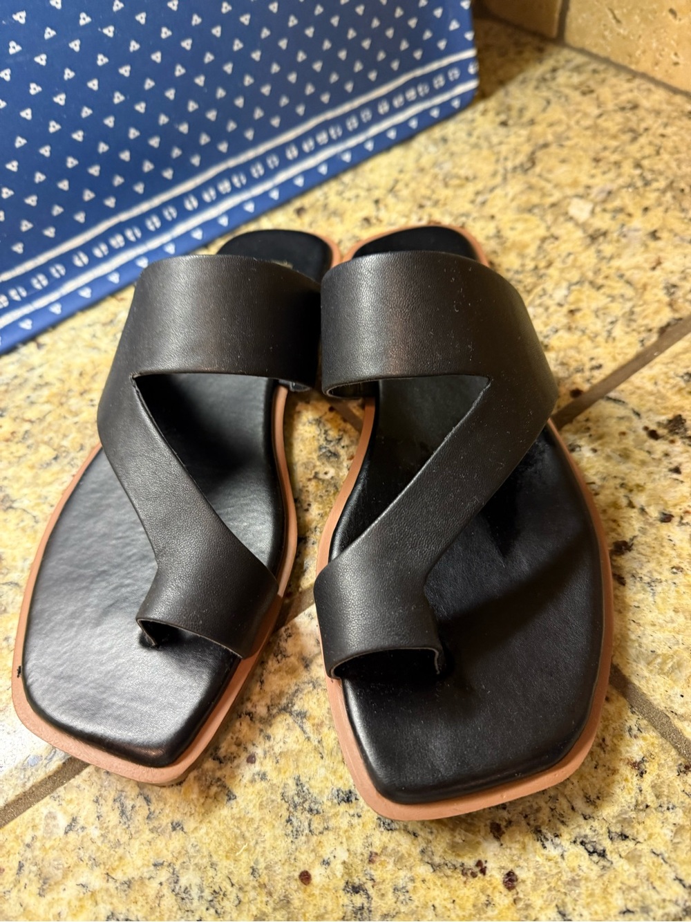 Franco Sarto Black Leather Slide Sandals with Tan Sole Edge - Picture 7 of 7